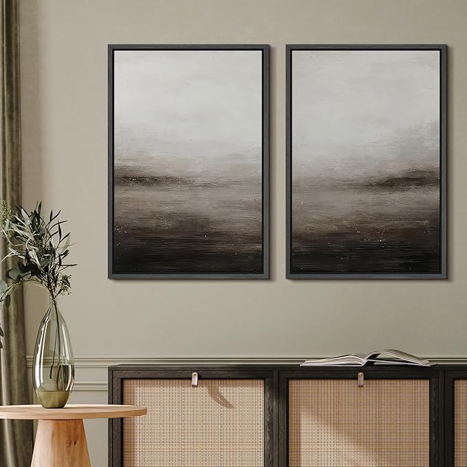 MUDECOR Framed Canvas Print Wall Art Neutral Abstract Modern Minimalist Landscape in Beige and Gray Illustrations Modern Art Decorative Bohemian for Living Room, Bedroom, Office - 24"x36"x2 Black