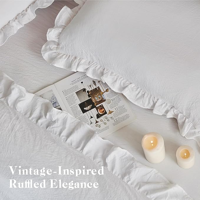 MR&HM King White Ruffle Comforter Set, Farmhouse Shabby Chic Bedding Comforter Set, Boho Bed in a Bag Set 7 Pieces with 1 Comforter, 1 Flat Sheet, 1 Fitted Sheet, 2 Pillowcases & 2 Pillow Shams