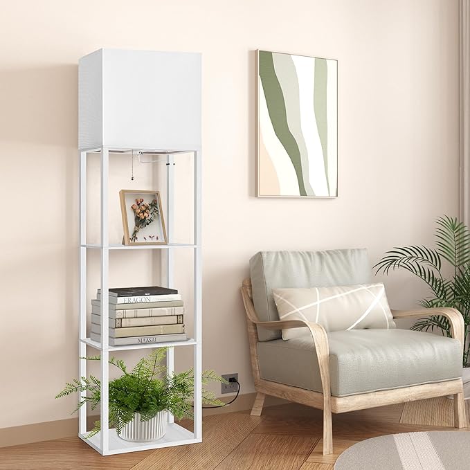 Dott Arts Floor Lamp with Shelves, Wide Floor Lamps for Living Room Display Shelf Lamps with 3 Color LED Bulb,Storage Wood Modern Floor Lamp for Bedroom Standing Lamp for Living Room Office（White）
