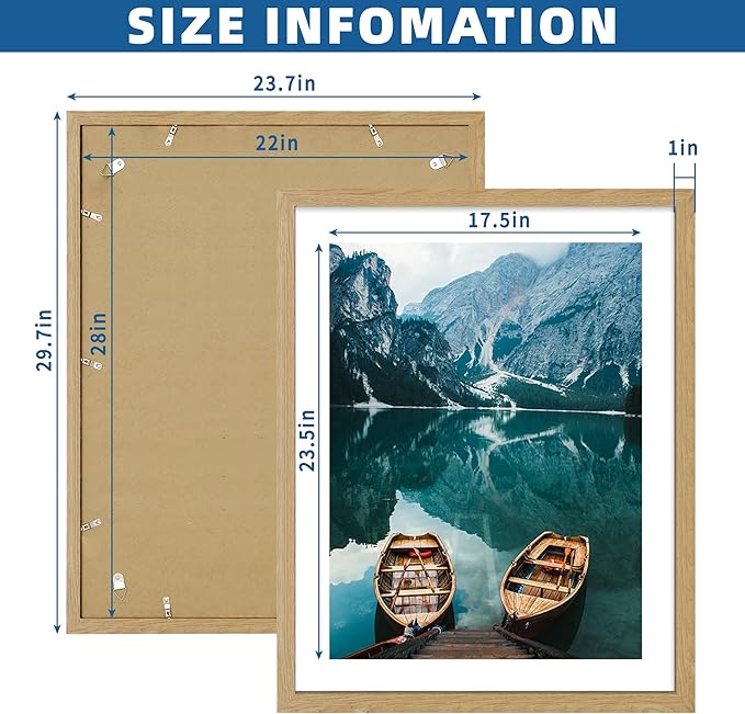 22x28 Frame Set of 2, Natural Oak Wood Style - Display 18x24 Picture Frame with Mat or 22 x 28 Poster Frame without Mat, Wall Mounting Horizontal and Vertical