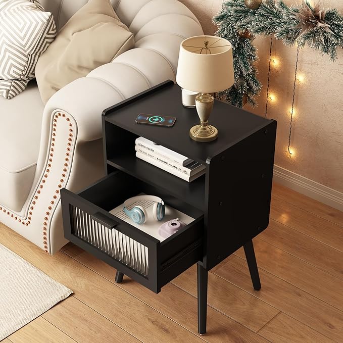 SOOWERY Mid Century Modern Nightstand, Side Table with Storage, Bedside Tables with Acrylic Drawer, End Table with Solid Wood Legs for Bedroom, Living Room and Small Spaces, Black