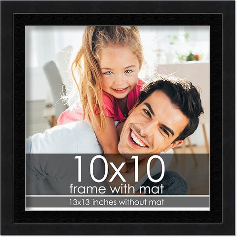 10x10 Frame with Mat - Black 13x13 Frame Wood Made to Display Print or Poster Measuring 10 x 10 Inches with Black Photo Mat
