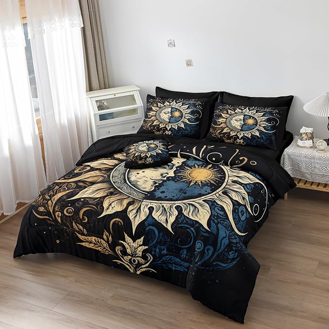 Sun and Moon Comforter Set Black Boho Bedding Set Celestial Galaxy Starry Space Bedding Comforter Mandala Exotic Black Bed in A Bag King Size