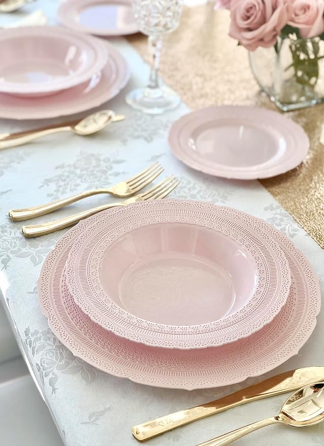 " OCCASIONS " 240 Plates Pack,(120 Guests) Extra Heavyweight Vintage Wedding Disposable/Reusable Plastic Plates 120x11'' Dinner+120 x 8.25'' Salad/Dessert Plate (Chateau Blush Pink)