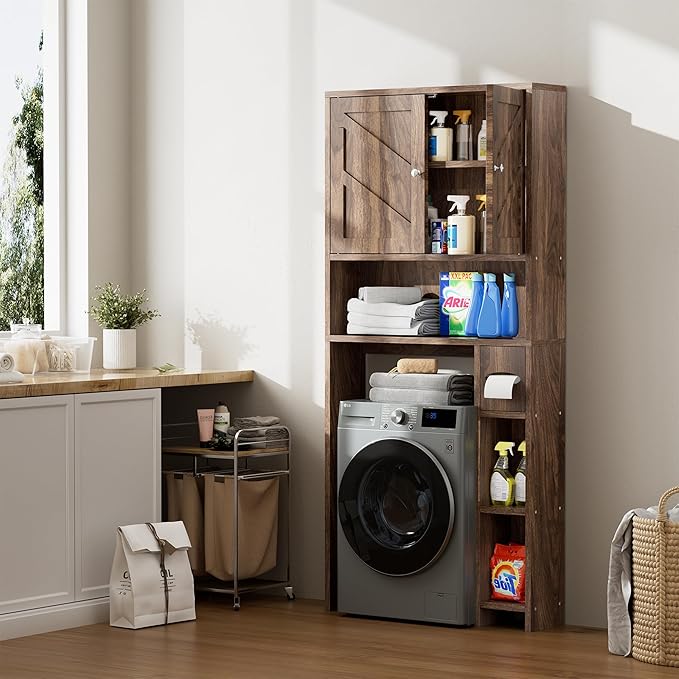 Meilocar Bathroom Over ToiletStorage Cabinet with Toilet Paper Holder Stand, Freestanding Bathroom Storage Organizer Cabinet Space Saver W/Adjustable Shelf, Walnut
