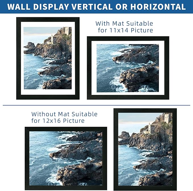12x16 Picture Frame Set of 2, Rustic Black Wood Style - Display 12 x 16 Poster without Mat or 11x14 Picture with Mat, Wall Mounting Horizontal and Vertical