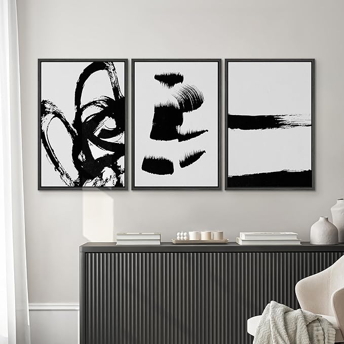 SIGNWIN Framed Wall Art Print Set Grunge Style Black & White Paint Strokes Abstract Shapes Illustrations Modern Art Bohemian Group Dramatic Grey for Living Room, Bedroom, Office - 24"x36"x3 Black