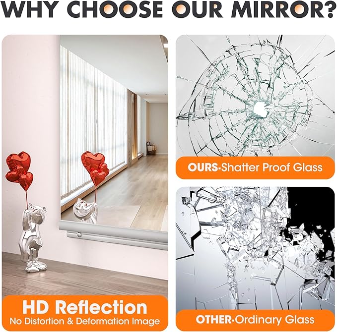 Hasipu Home Gym Mirror 55" L x 17" W - 2PCS Large Full Body Mirror for Yoga, Wall-Mounted Mirrors for Fitness, Garage, Dance Studio, 0.16in Tempered Glass Frameless