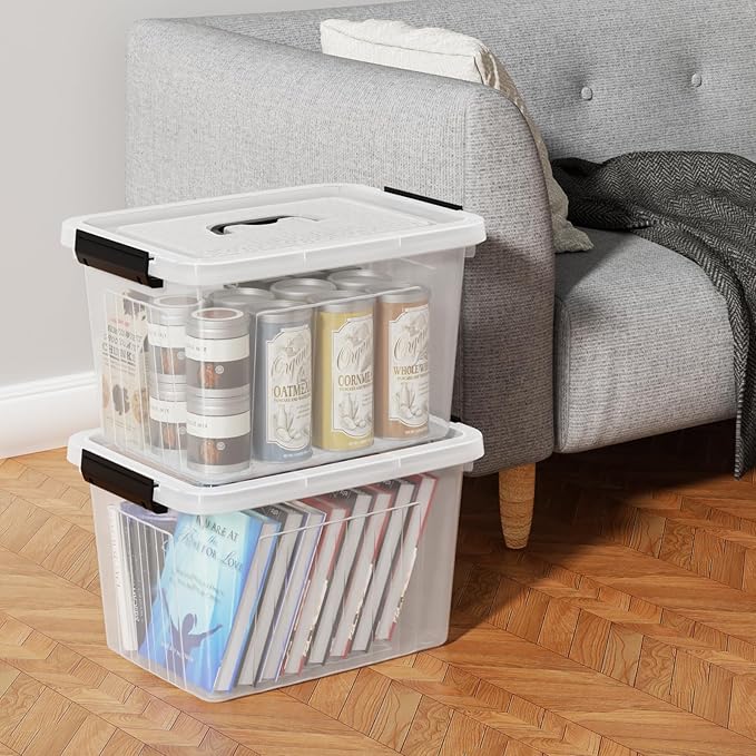 22 L Clear Storage Box/Bins with Handles, Plastic Container with Latches Lid, 4 Pack