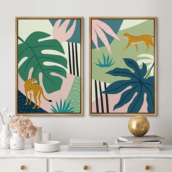 MUDECOR Framed Canvas Print Wall Art Jungle Cheetahs with Tropical Monstera Leaves Abstract Shapes Illustrations Modern Bohemian Nature for Living Room, Bedroom, Office - 16"x24"x2 Natural