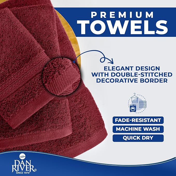 DAN RIVER 8 PC Luxury Bath Towels for Bathroom, 2 Bath, 2 Hand, and 4 Wash Cloths, 600 GSM 100% Ring Spun Cotton Towel Set, Highly Absorbent, Gym, Hotel, and Spa, Pomegranate