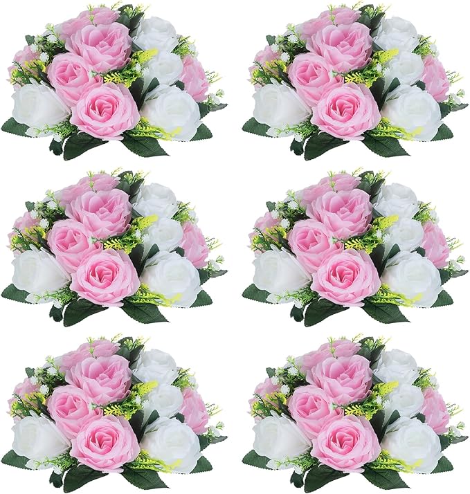 NUPTIO Pcs of 6 Fake Flower Ball Arrangement Bouquet,15 Heads Plastic Roses with Base, Suitable for Our Store's Wedding Centerpiece Flower Rack for Parties Valentine's Day Home Décor (Pink & White)