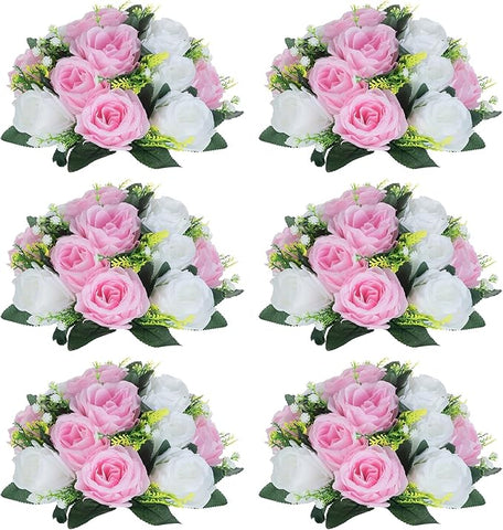 NUPTIO Pcs of 6 Fake Flower Ball Arrangement Bouquet,15 Heads Plastic Roses with Base, Suitable for Our Store's Wedding Centerpiece Flower Rack for Parties Valentine's Day Home Décor (Pink & White)