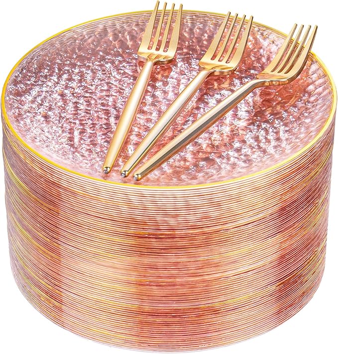 DaYammi 240Pcs Pink Plastic Plates Including 120Pcs Pink Dessert Plates and 120Pcs Gold Plastic Forks,Hammered Party Plate,pink and Gold Appetizer plates Heavy duty Disposable Plate for All Occasions