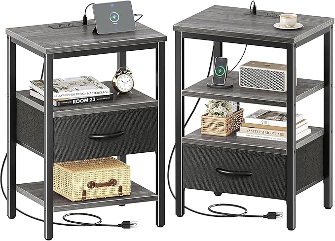 SUPERJARE Nightstand Set of 2, Bed Side Tables with Charging Station, Adjustable Fabric Drawer, Night Stand for Bedroom, 3-Tier Storage End Tables, for Living Room - Charcoal Gray