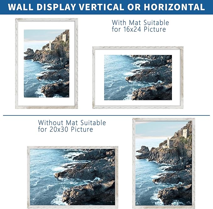 20x30 Frame Set of 2, Distressed White Wood Style - Display 16x24 Picture with Mat or 20 x 30 Poster without Mat, Wall Mounting Horizontal and Vertical