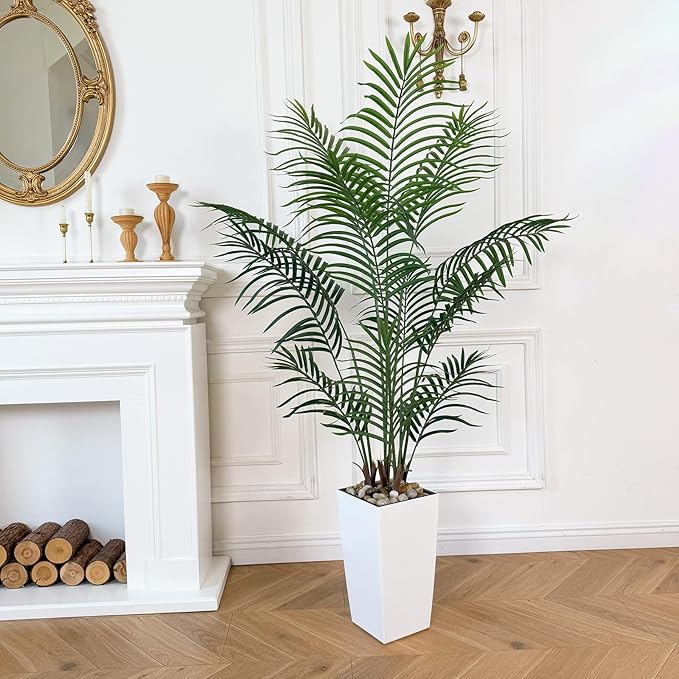Bellacat UV Resistant 5ft Faux Palm Tree with Tall White Decorative Planter, 60in Artificial Palm Tree with Realistic Leaves & Branches, Fake Palm Tree for Home Office Porch Front Door Patio Decor.