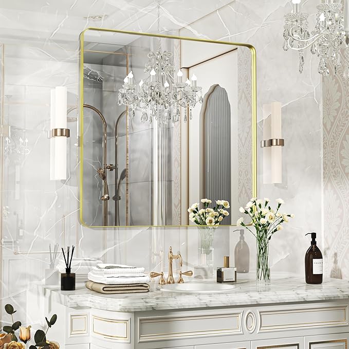 36×36 Gold Bathroom Mirror, Rectangular Bathroom Vanity Mirror for Wall with Rounded Corners & Aluminum Alloy Frame, Tempered-Glass, Modern, Farmhouse, Horizontal/Vertical, Entryway, Bedroom