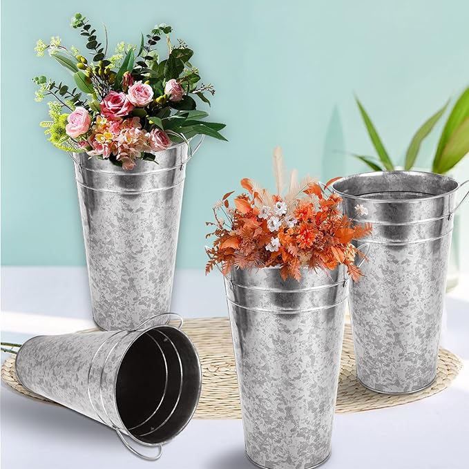 4 PCS Flower Buckets Bulk 12 Inch Galvanized Flower Bucket Metal Flower Vase with Handle, Metal Bucket Planter Floral Container for Flowers Arrangements Table Centerpiece Weddings Home (Silver)