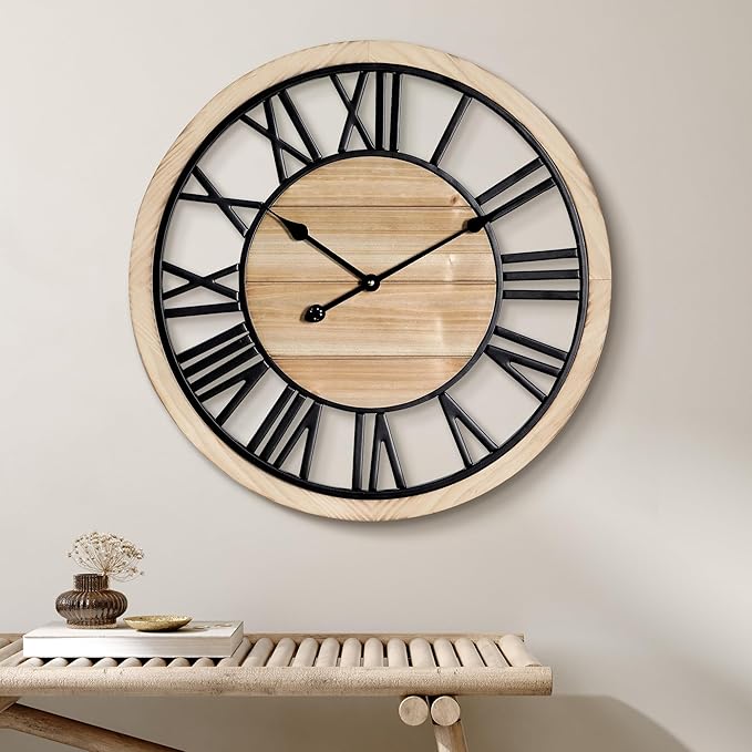 Maxstar 24'' Wall Clock for Living Room Decor, Ultra-Silent Rustic Wooden Farmhouse Wall Clock with Metal & Real Wood Frame, Battery Operated, for Kitchen Bedroom Office, Roman Numerals