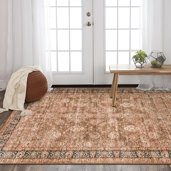 Morebes Vintage Washable Boho Rug 5x7,Non-Slip Carpet for Living Room, Area Rug for Bedroom, Distressed Large Oriental Accent Soft Non Shedding Throw Rug for Kitchen Office Carpet,Brown