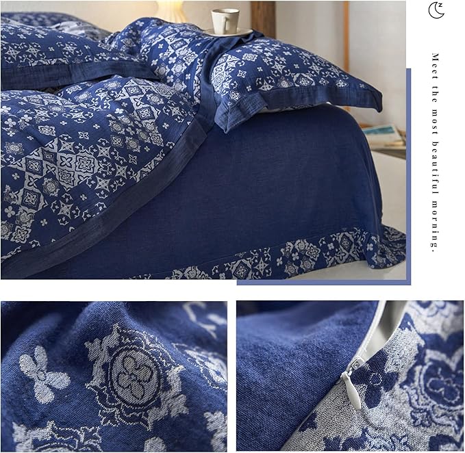 VM VOUGEMARKET Blue White Duvet Cover King Jacquard Geometric Pattern Bedding Set 3 Pieces Yarn-Dyed Cotton Boho Duvet Cover with 2 Pillow Shams