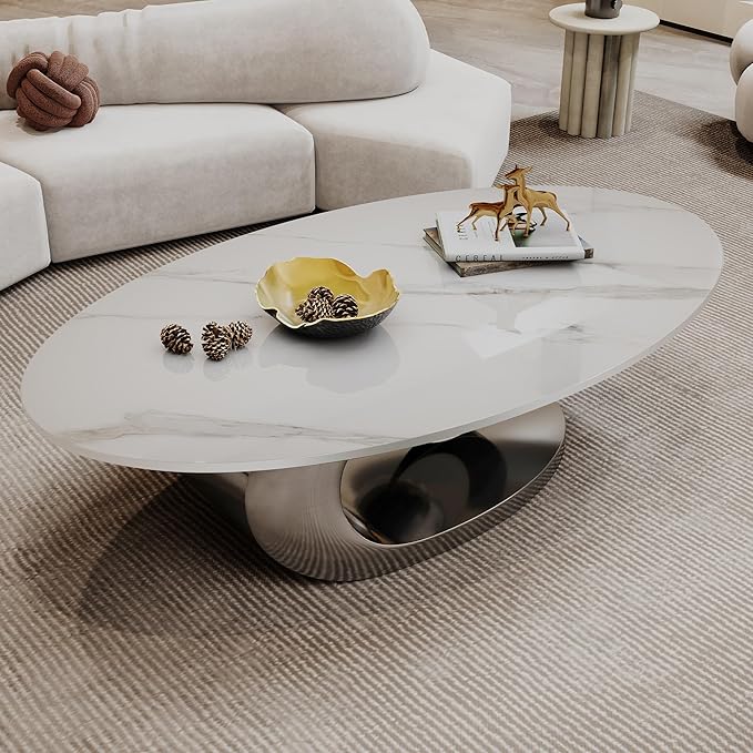 Modern Oval Sintered Stone Coffee Table, 49.2" White and Silver Rectangle Coffee Table with Faux Marble Top & Golden Geometric Stainless Steel Base, Rectangle Tea Center Table for Living Room