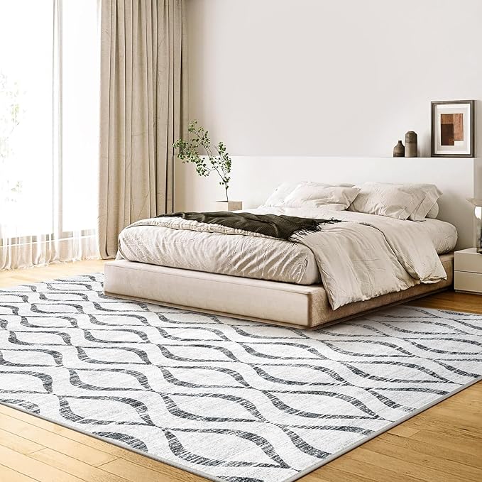 WITSHOCK 9x12 Area Rugs: Washable Non-Slip Geometric Boho Print Pattern Large Thin Indoor Rug for Living Room Bedroom Under Dining Table, Carpet for Nursery Playroom Decor, Kid & Pet Friendly, Grey