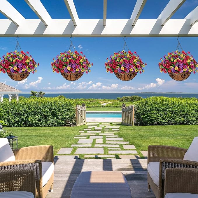Alynsehom 2 Set Artificial Flowers with Hanging Basket, 2 Outdoor Hanging Plants with 24pcs Faux UV Resistant Fake Silk Azalea in Baskets for Porch Garden Patio Balcony Yard Home Decor(4 Colors)