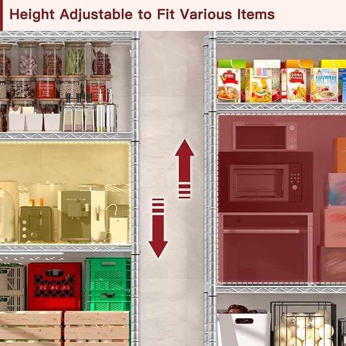 PrimeZone 75" H Wire Shelving 5 Tier Slim Steel Storage Metal Shelves with Wheels,Adjustable Kitchen Utility Shelving Unit,Pantry Rack Rolling Metal Shelf Chrome 24" Wx18 Dx75 H