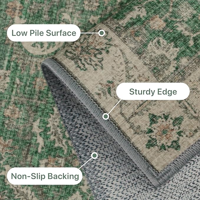 GENIMO Washable Area Rugs for Living Room Bedroom, 8x10 Boho Vintage Non Slip Rug, Low Pile Soft Floral Indoor Floor Carpet Cover for Dining Room Kitchen, Khaki Green