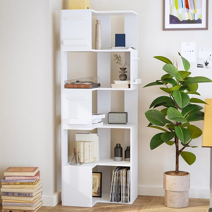 PPAMAPIC 5 Tier Corner Bookshelf, 63" Tall L Shaped Bookcase, Corner Cabinet, Wood Grain Shelf Display Rack for Kitchen, Bedroom, Living Room (White)