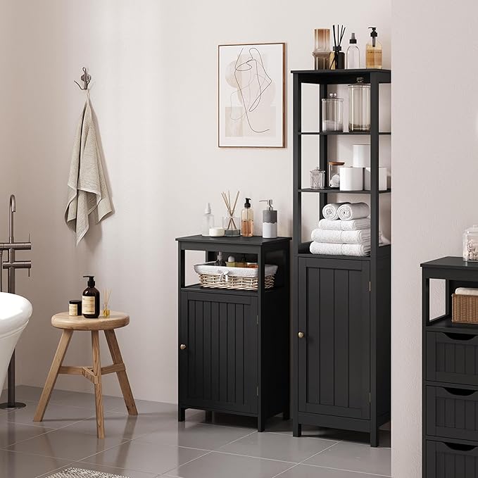 Yaheetech 4-Tier Bathroom Floor Storage Cabinet, Bathroom Free Standing Storage Organizer with Single Door and Adjustable Shelf, Narrow Side Cabinet for Living Room, Kitchen, Hallway, Black