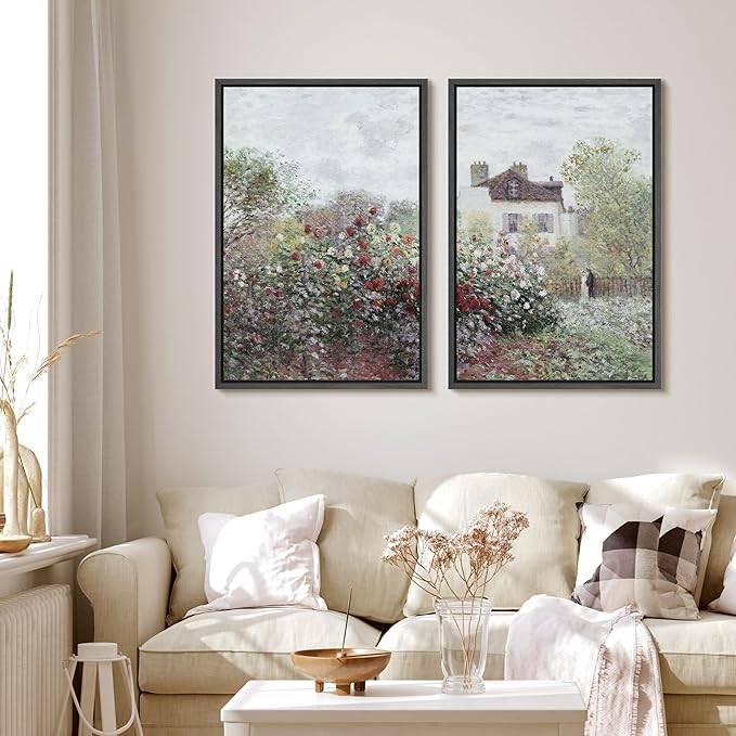MUDECOR Framed Canvas Print Wall Art Blooming Garden and Cottage Romantic Floral Landscape Nature Wilderness Illustrations Realism Decorative Scenic for Living Room, Bedroom, Office - 16"x24"x2 Black