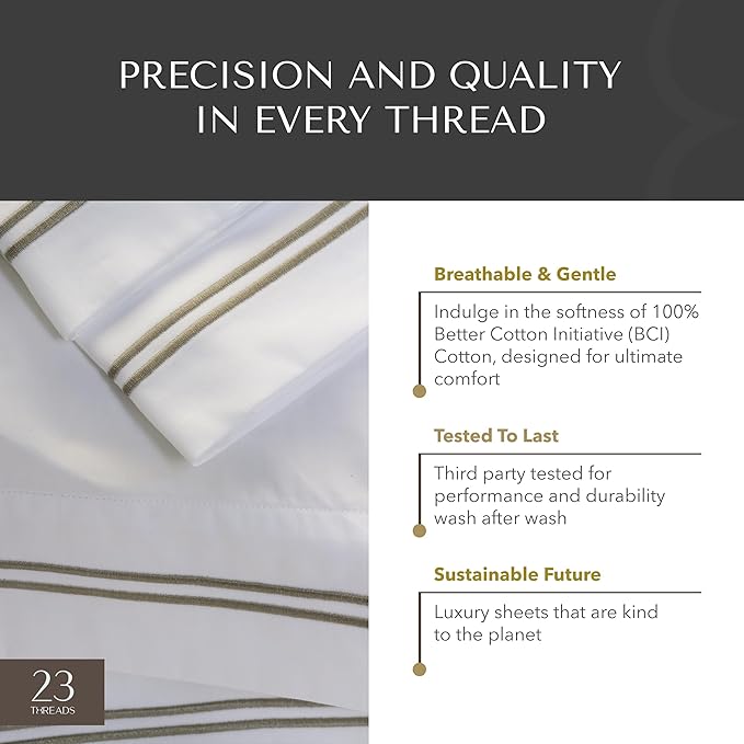 23 THREADS Z101 Series 100% Cotton Bed Sheets and Pillowcases Set, 15 Inch Deep Pocket, Luxury Sustainable Bedding Linen, King, White