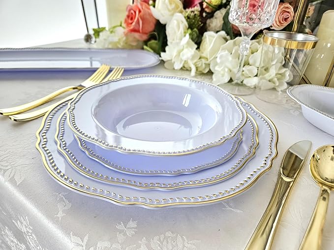 " OCCASIONS " 50 Plates Pack (25 Guests)-Heavyweight Wedding Party Disposable Plastic Plate Set -25 x 10.25'' Dinner + 25 x 7.5'' Salad/dessert plates (Rochelle Blue and Gold)