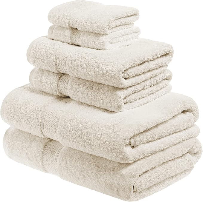 BLUENILEMILLS Premium Towel Collection, Egyptian Cotton Towels for Shower and Bathroom Assorted 6-Piece Towel Set, 30" x 55", 20" x 30", 13" x 13", Cream by Blue Nile Mills