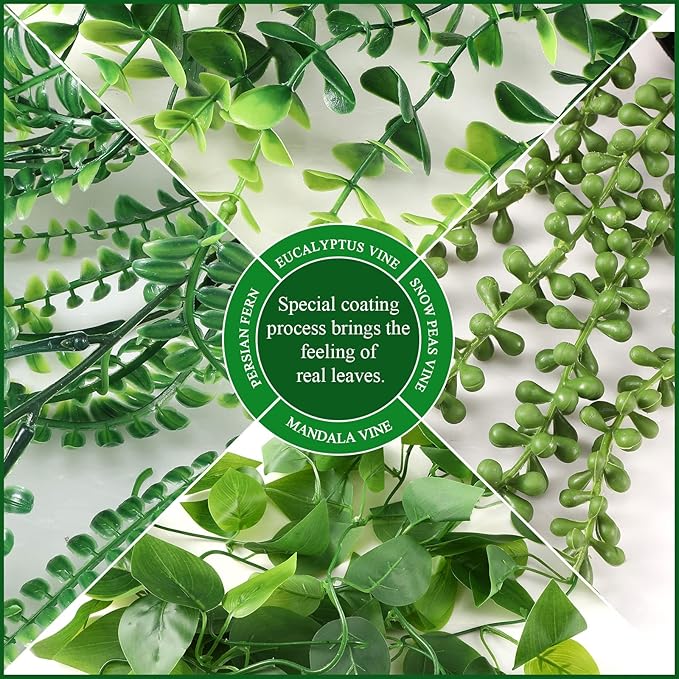 Jexine 8 Pcs Artificial Hanging Plants with Pot Fake Potted Plants Greenery Plastic Faux Eucalyptus Vine Wall Decor for Home Room Office Indoor Outdoor Shelf Patio Garden Decor