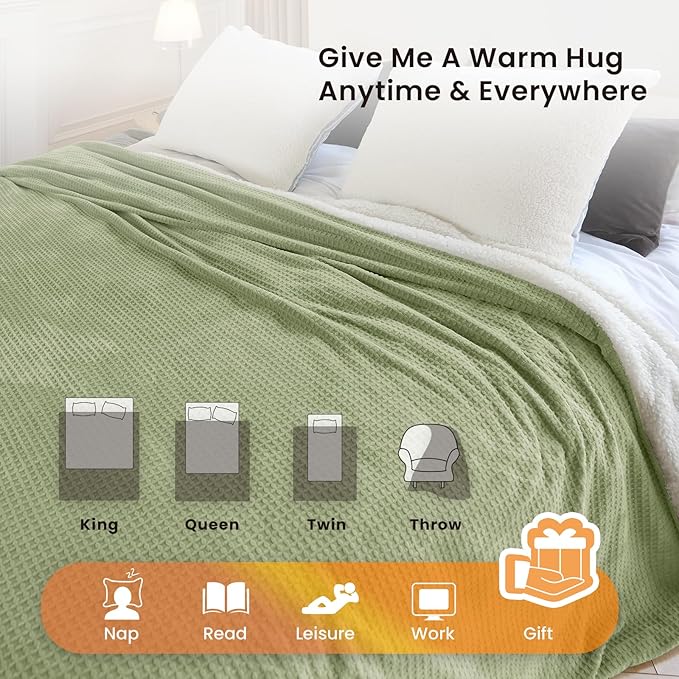 Heated Blanket Electric Blanket King Waffle, 90x100 Inches Dual Controllers Sherpa Fleece Fast Heating Blanket 6 Heating Levels & 10 Hours Auto Off ETL Certification, Sage King