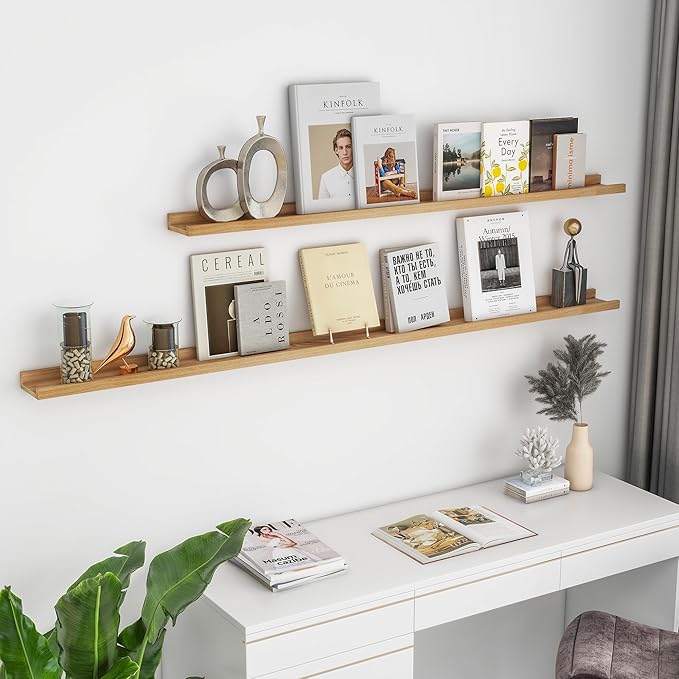 Solid Ash Wood Picture Ledge Shelf, 36 Inch Floating Shelves with Lip Set of 2, Photo Ledge Shelf Nursery Bookshelf Wall Mounted for Living Room Bedroom Decor, Natural