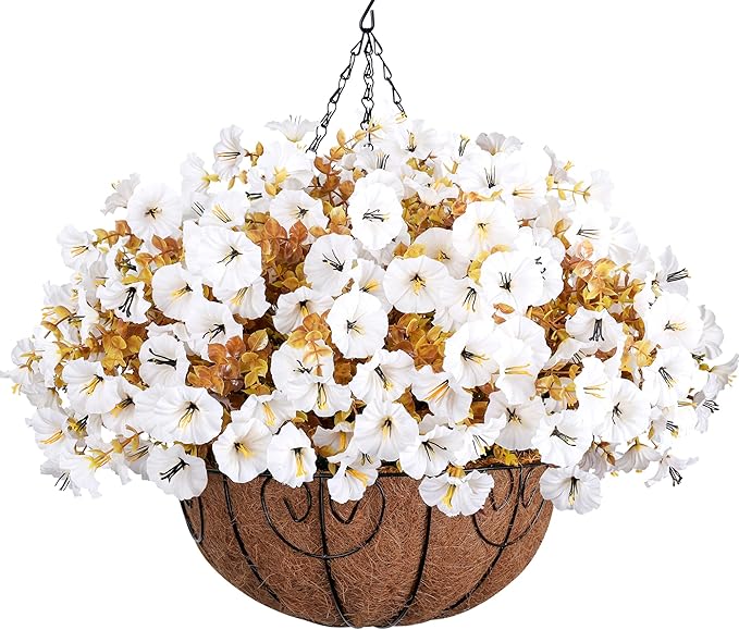 Artificial Fall Hanging Flowers in Basket, 12 Bundles Faux Silk Morning Glory Plants Realistic UV Resistant Fake Outdoor Flower for Planters Home Decor Outside Garden Yard Patio, Fall White