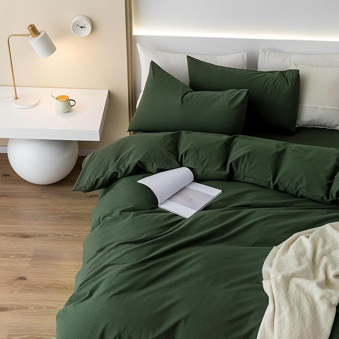 JIYUAN 100% Washed Cotton Duvet Cover Set 3 Pieces Super Queen, 1 Duvet Cover 90x98 Inches(Comforter Not Included) and 2 Pillowcases,Linen Feel Bedding Set Comfy and Breathable,Forest Green