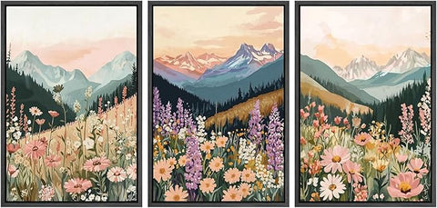 SIGNWIN Framed Canvas Print Wall Art Set Wildflower Meadow with Mountain Sunset Colorful Nature Landscape Illustrations Modern Art Decorative Zen for Living Room, Bedroom, Office - 24"x36"x3 Black