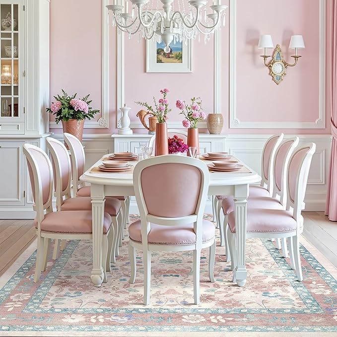Pink Floral Area Rug 6x9 for Living Room Deerly Boho Vintage Large Washable Non-Slip Bedroom Carpet Low Pile Thin Floor Mat Indoor for Playroom Nursery Kids Girls Room Farmhouse, Light Pink/Blue/Multi