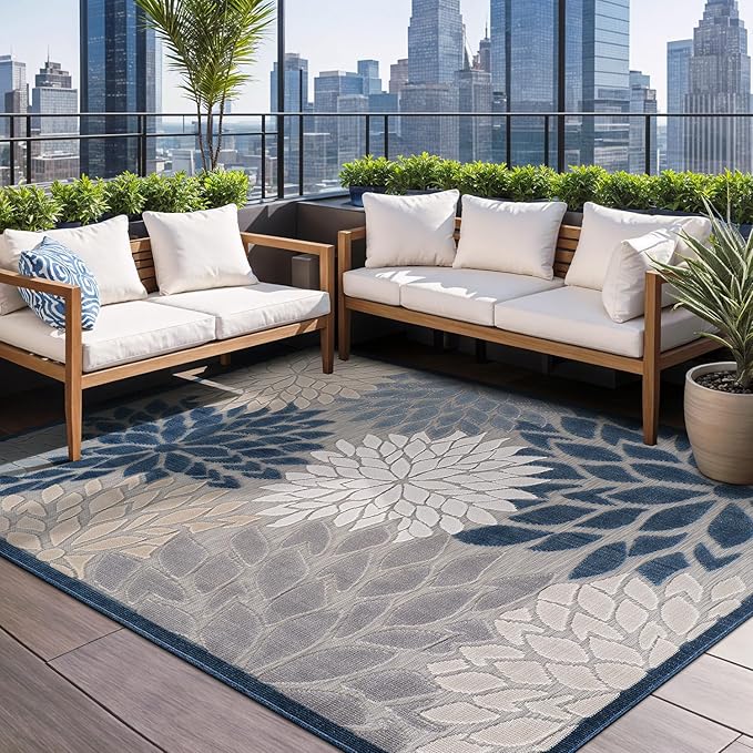 Beverly Rug Outdoor Rug 10x14 Large Modern Floral Tropical Area Rugs for Indoor and Outdoor Patio Easy to Clean Non Shedding Living Room Porch Garden Washable Outside Carpet (10 x 14 Blue)