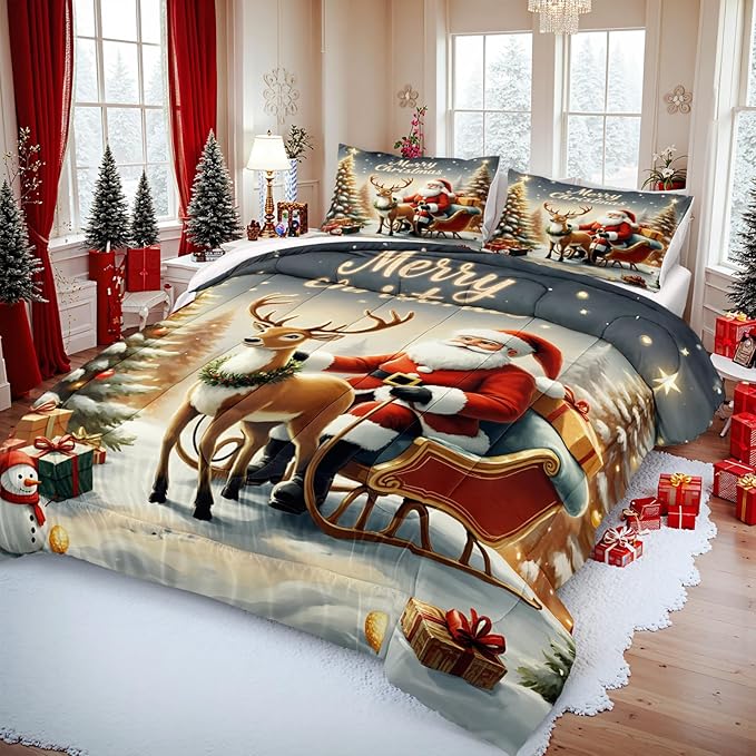 Bedorm Merry Christmas Comforter Set Queen Santa Claus Bedding White Snowflake Cute Deer Snowman Pattern Happy Holiday Christmas Tree Gift Quilt Comforter