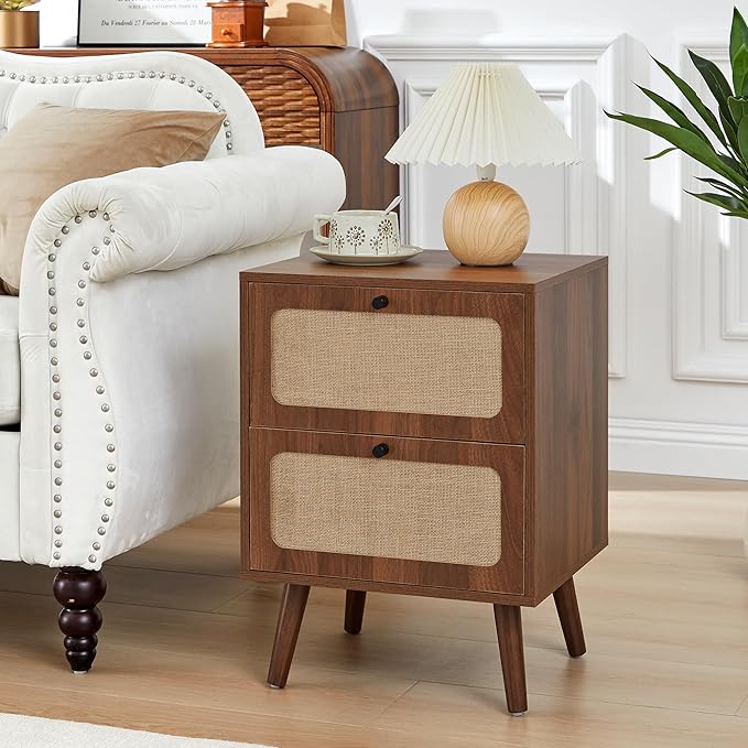 Mid Century Night Stand, Modern Nightstand with Drawer & Curved Linen Panel, Farmhouse End Table Wood Bedside Table Small Side Tables for Small Space, Bedroom (Walnut)