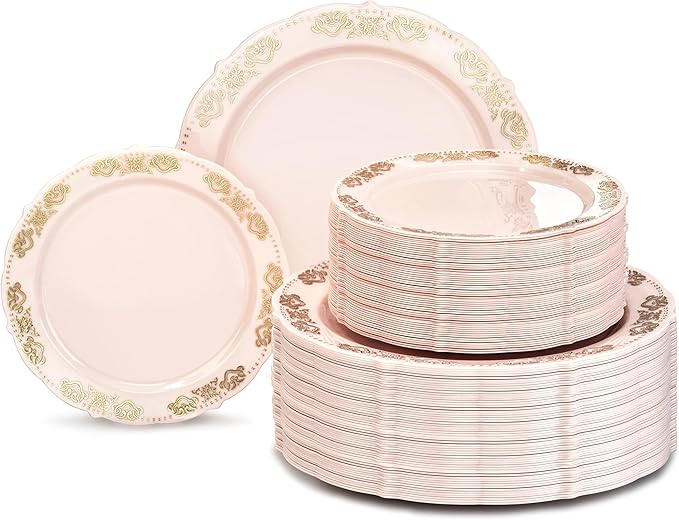 " OCCASIONS " 240 Plates Pack,(120 Guests) Vintage Wedding Party Disposable Plastic Plates Set-120x10.25'' Dinner +120x7.5'' Salad/Dessert Plate (Portofino Light Pink/Blush & Gold)