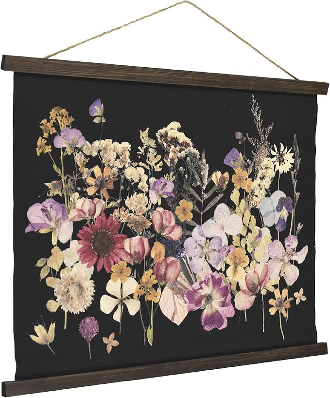American Art Decor Framed Dried Flowers Tapestry Wall Art - Botanical Print with Blue, Yellow & Pink Blooms
