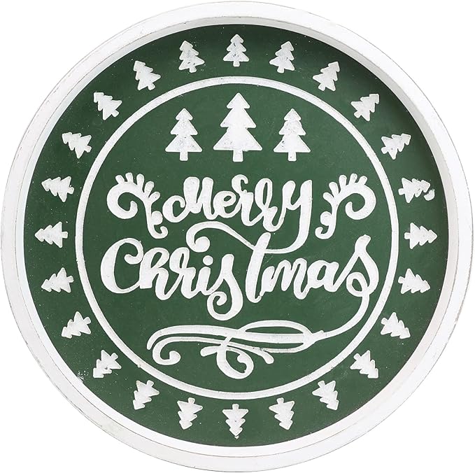 Christmas Wood Decorative Ottoman Tray for Coffee Table Kitchen Counter, Living Room, Round Handcrafted Green Wooden Serving Tray for Table Centerpiece